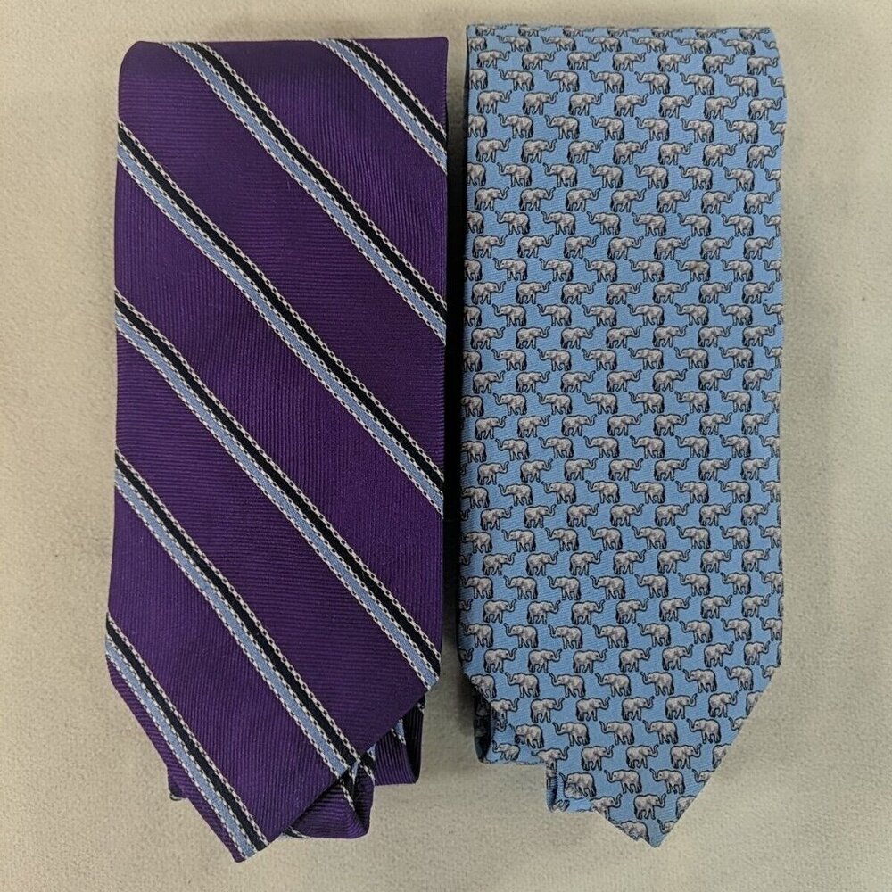 Brooks Brothers 2 Set 346 Pure Silk Ties Elephants Stripes Purple Blue Neck
